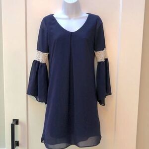 Bcx navy blue dress, bell sleeve with lace crochet detail, sheer woman’s size Xs